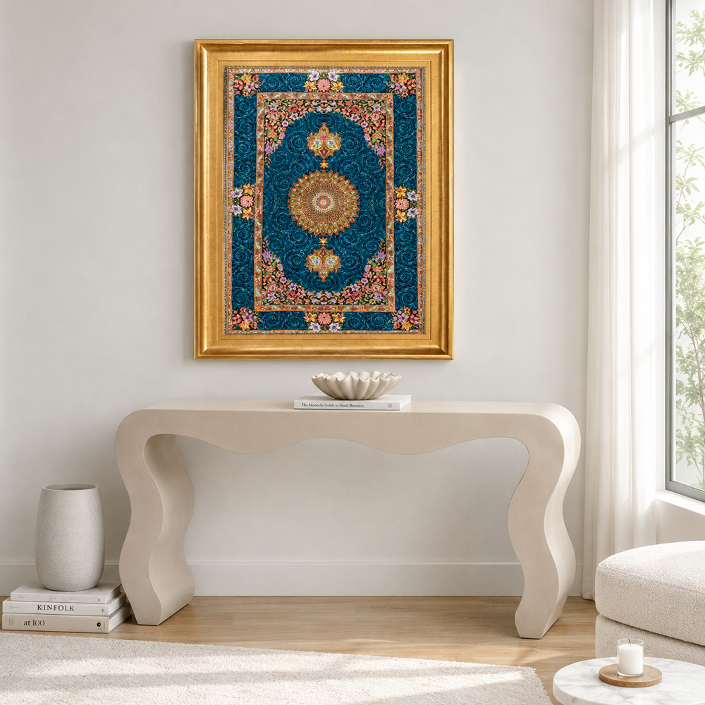 Medallion Persian handmade silk rug in Blue, 97 × 62 cm