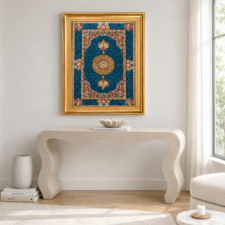 Medallion Persian handmade silk rug in Blue, 97 × 62 cm