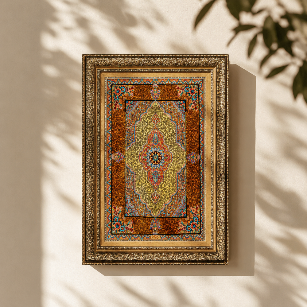 Medallion Persian handmade silk rug in Yellow, 79 × 48 cm