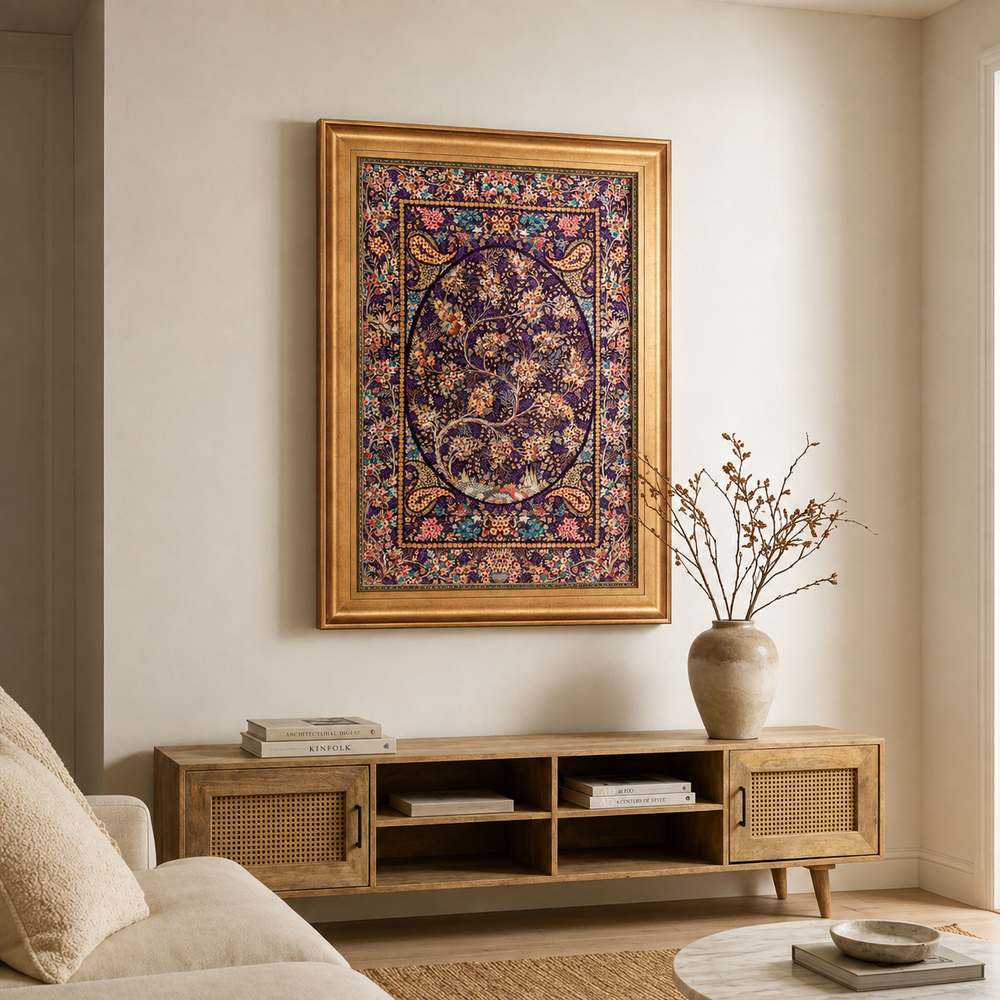 Life Tree Persian handmade silk rug in Purple, 85 × 59 cm