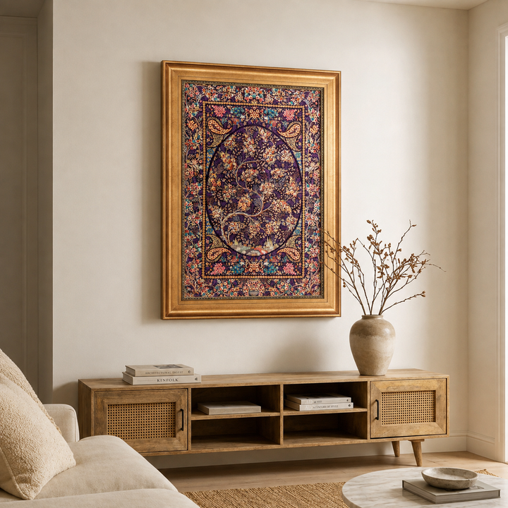 Life Tree Persian handmade silk rug in Purple, 85 × 59 cm