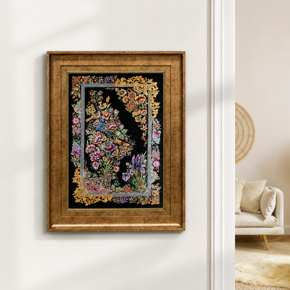 Bird Garden Persian handmade silk rug in Black, 67 × 47 cm