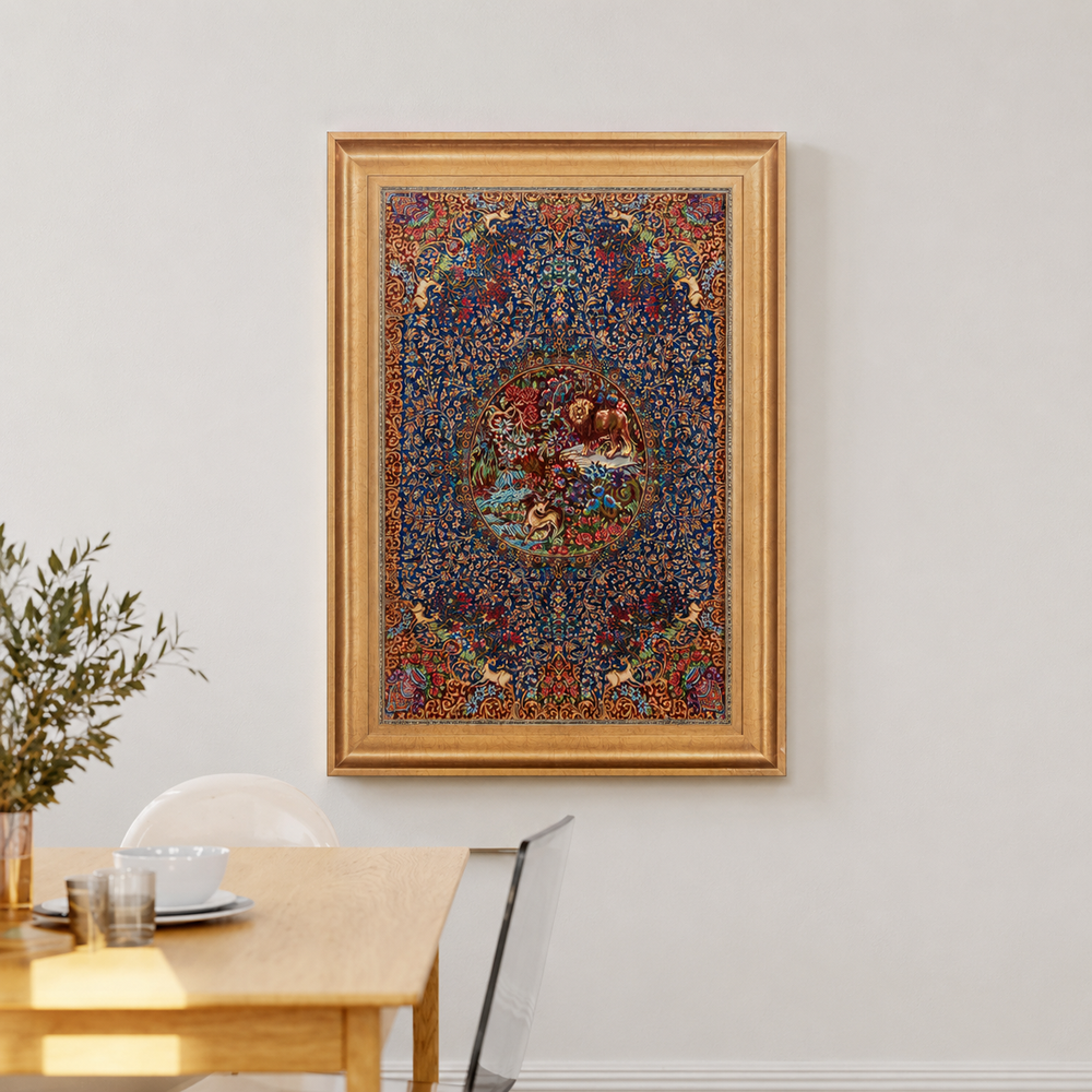 Hunting scene Persian handmade silk rug in Red, 90 × 60 cm