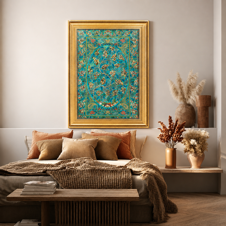 Life Tree Persian handmade silk rug in Light Blue, 89 × 57 cm