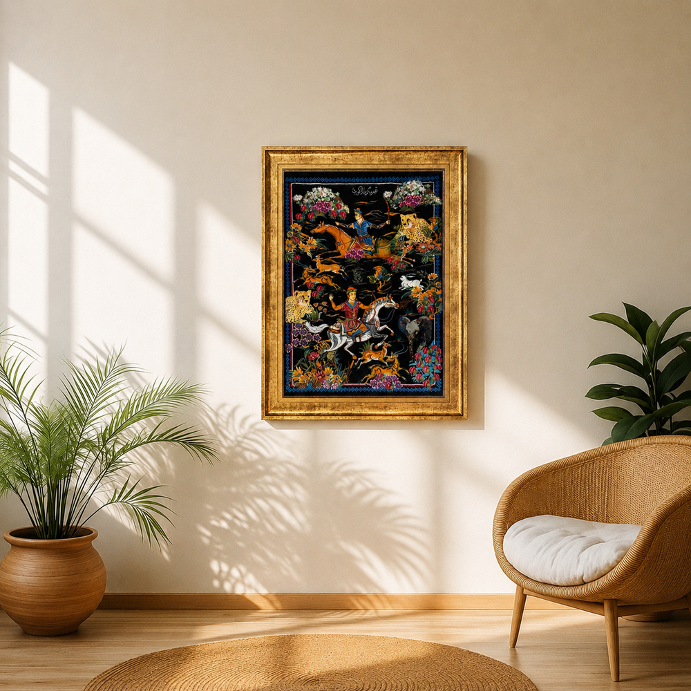Hunting Persian handmade silk rug in Black, 70 × 48 cm