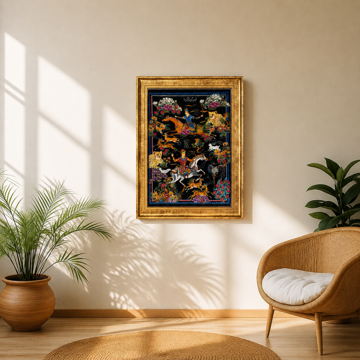 Hunting Persian handmade silk rug in Black, 70 × 48 cm