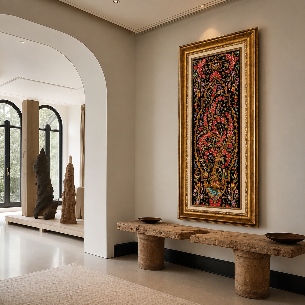 Life Tree Persian handmade silk rug in Black, 93 × 28 cm