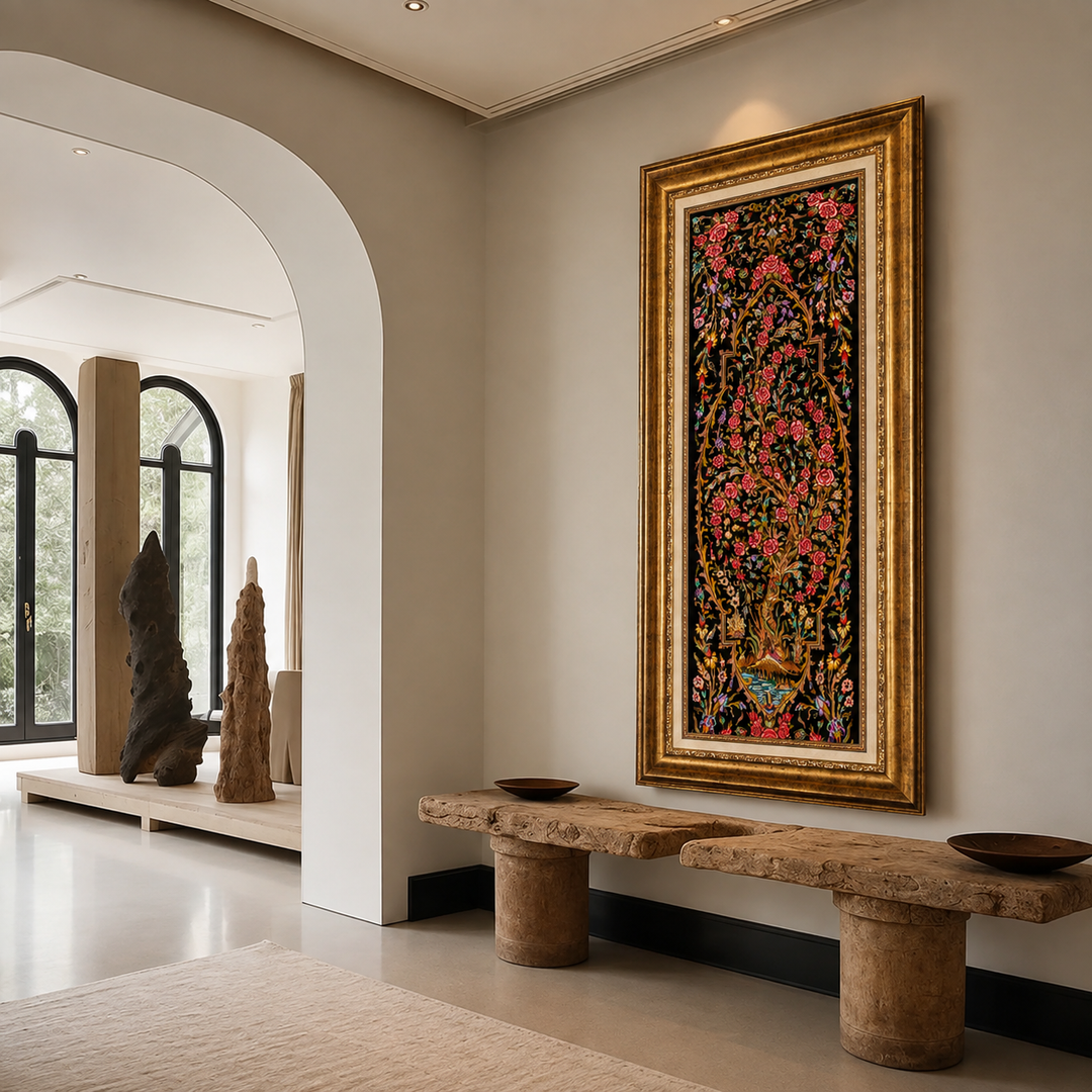 Life Tree Persian handmade silk rug in Black, 93 × 28 cm