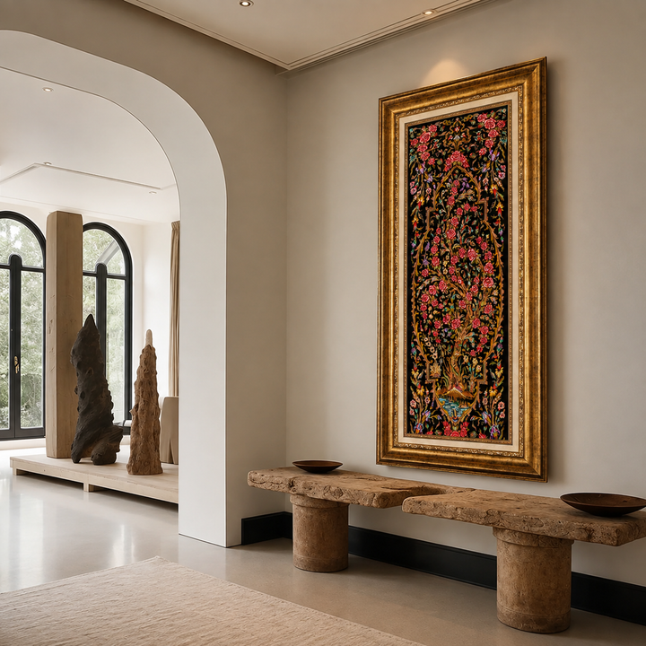 Life Tree Persian handmade silk rug in Black, 93 × 28 cm