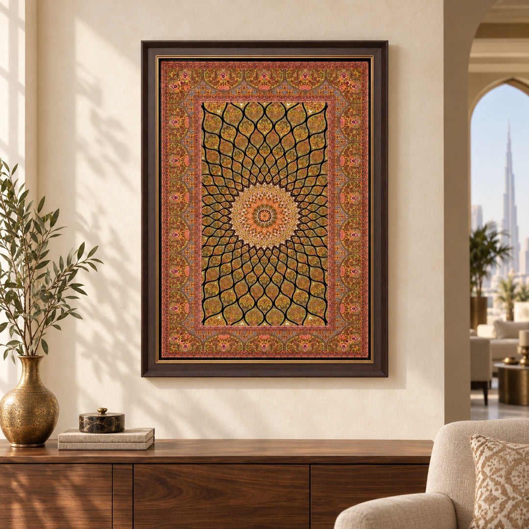 AI interior styling of MW-1050 framed Islamic rug displayed on a wall