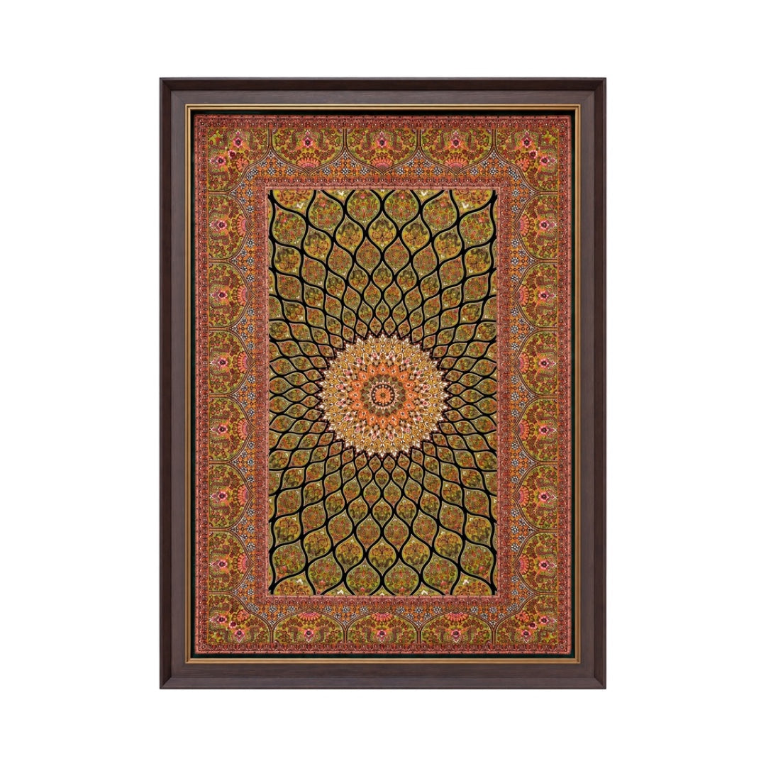 MW-1050 framed Islamic rug in almond green, original product photograph