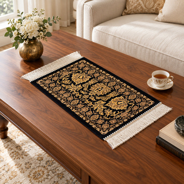 Golden Palmette 50 x 30 cm table rug - AI lifestyle illustration