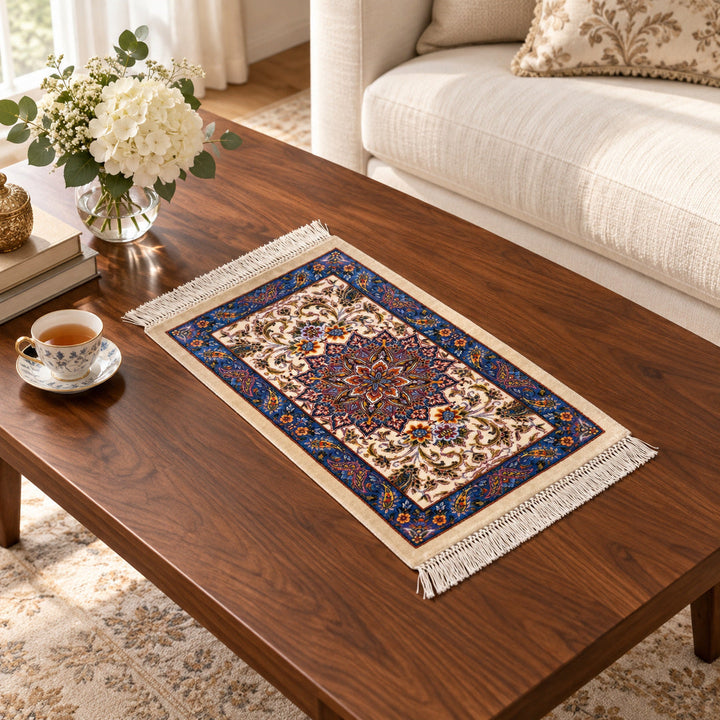 Azure Medallion 50 x 30 cm table rug - AI lifestyle illustration