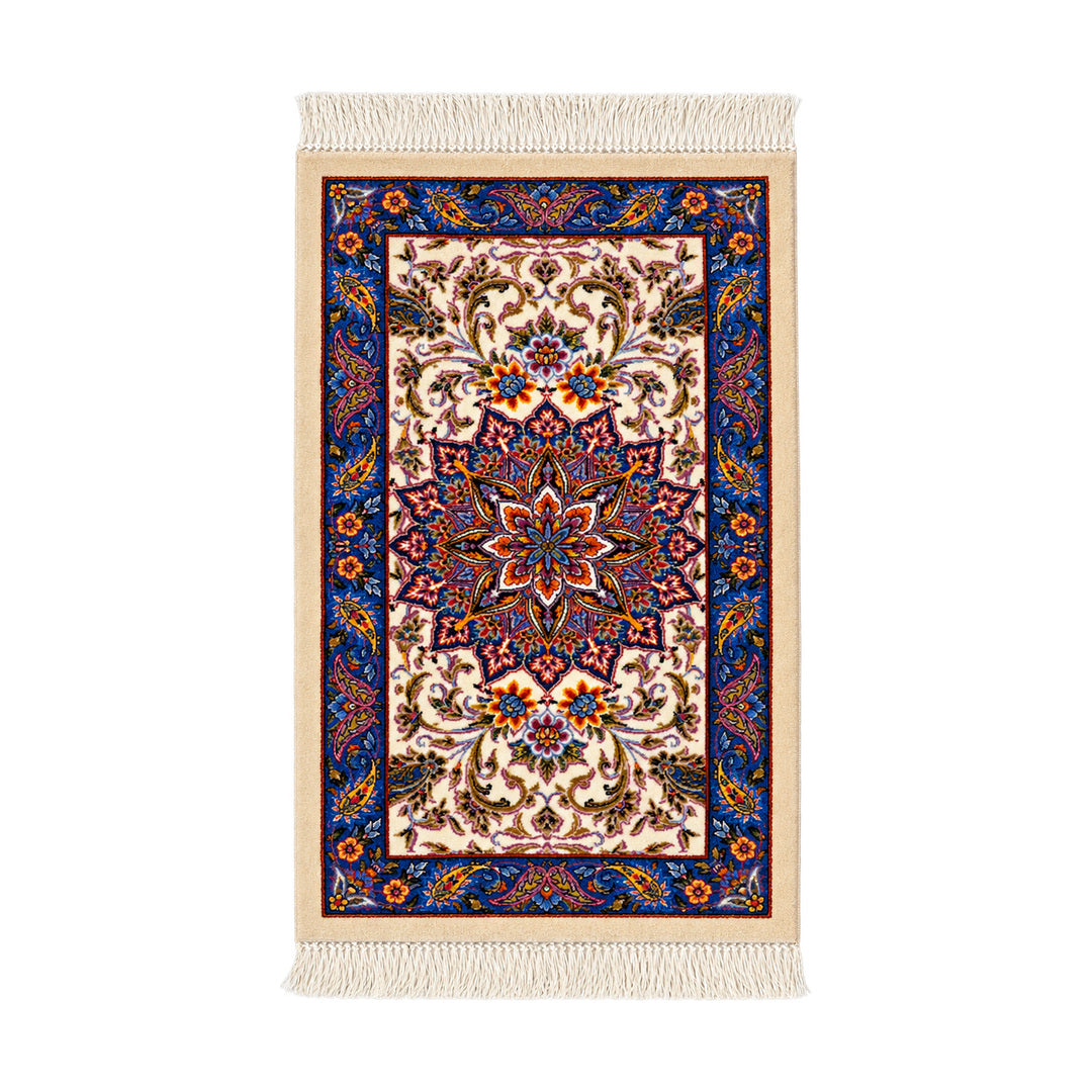 Azure Medallion silk table rug - Cream and Blue - 50 x 30 cm