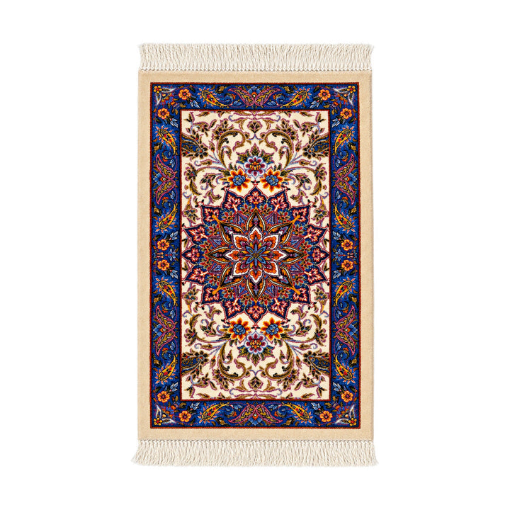 Azure Medallion silk table rug - Cream and Blue - 50 x 30 cm