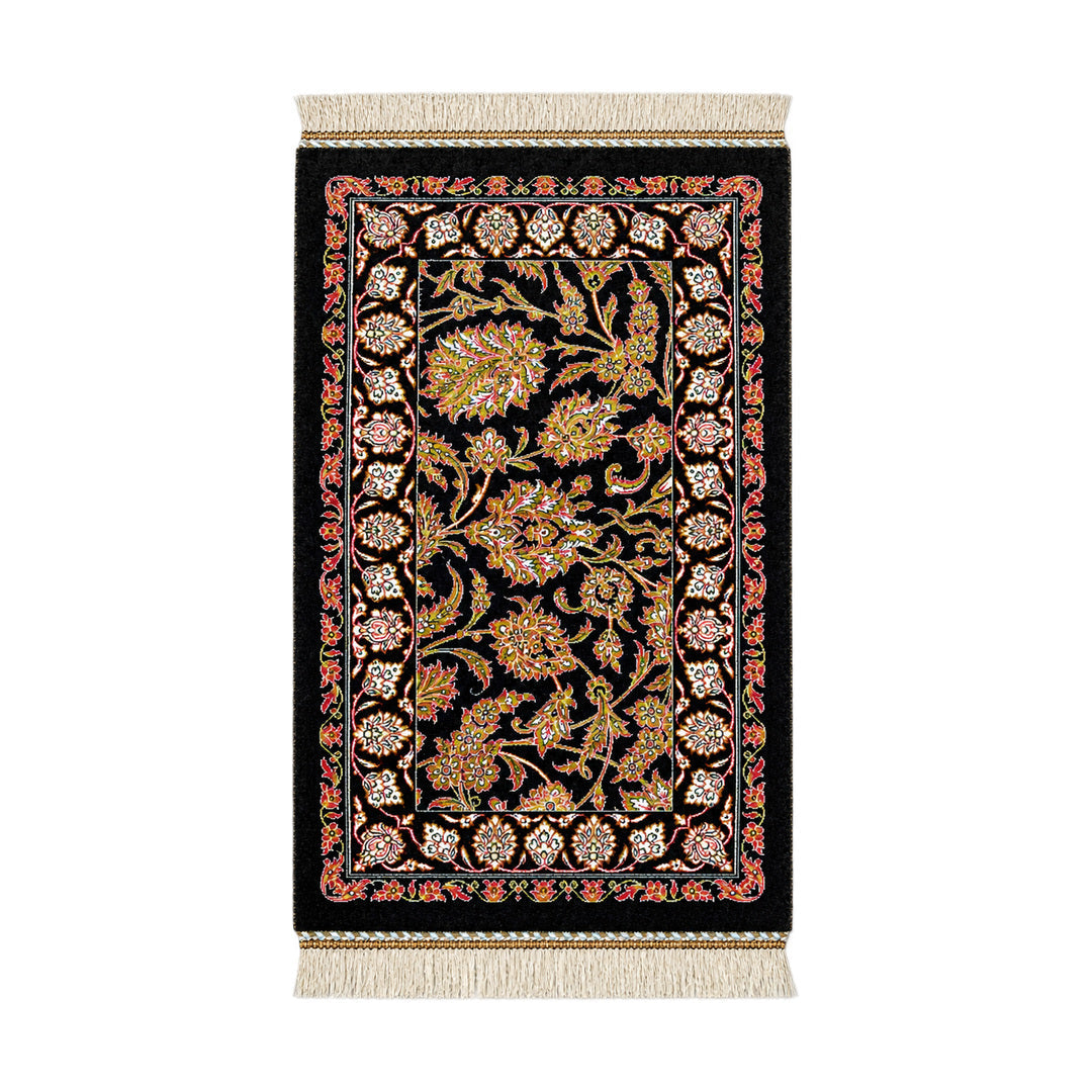 Floral Palmette silk table rug - Black and Multicolor - 50 x 30 cm