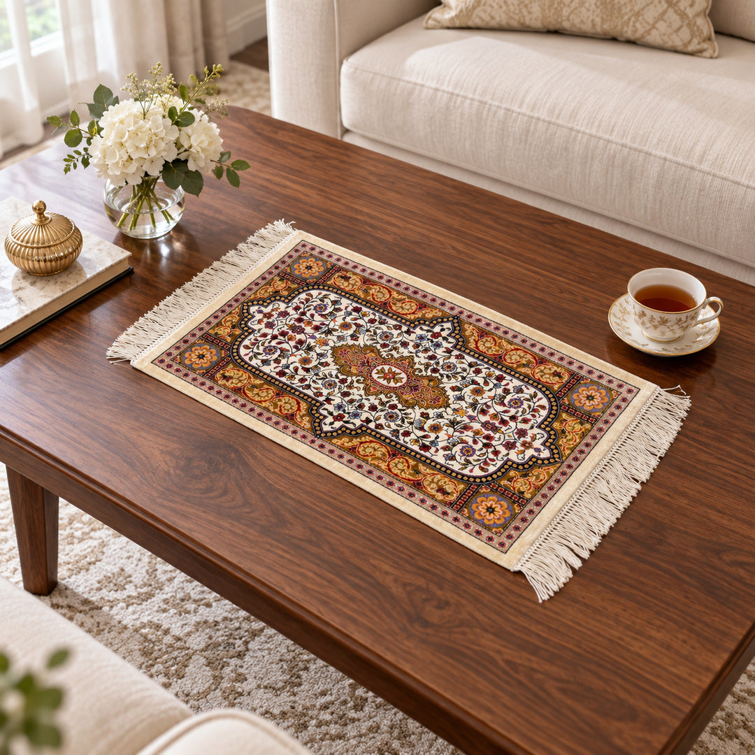 Golden Medallion 50 x 30 cm table rug - AI lifestyle illustration
