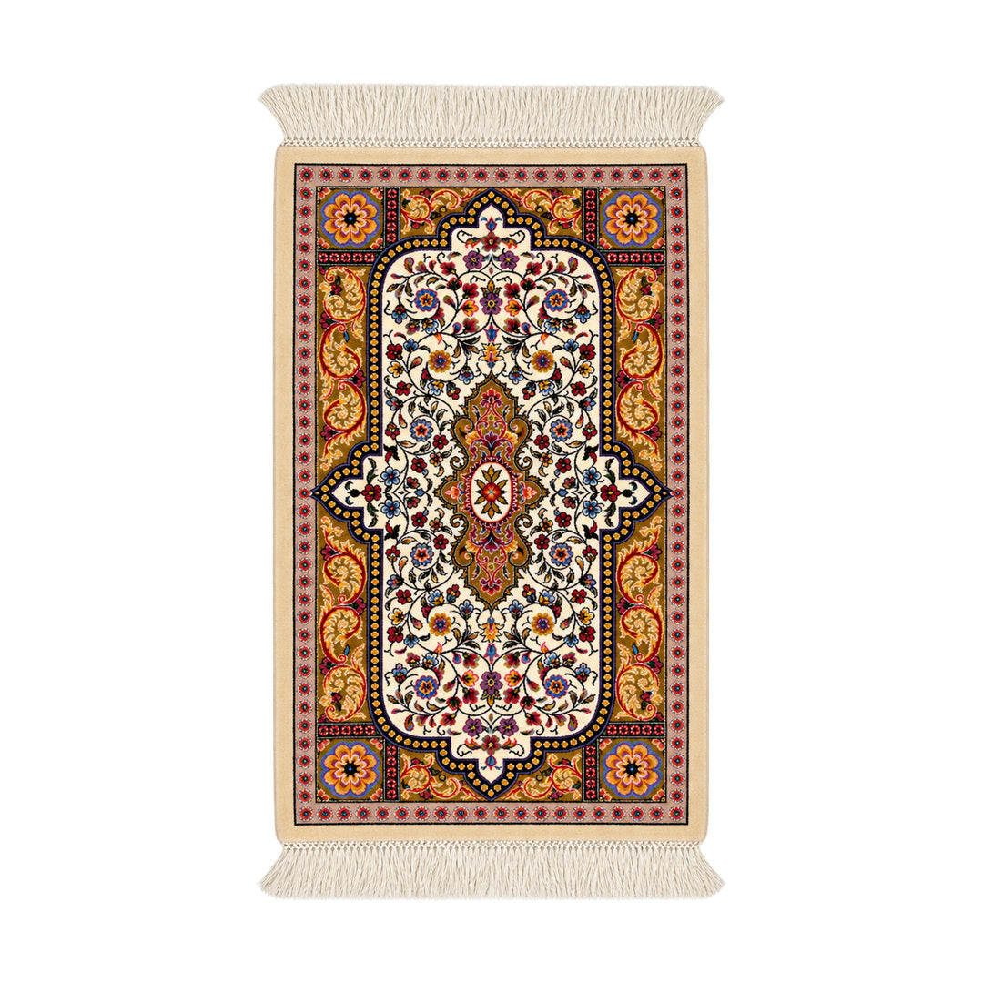 Golden Medallion silk table rug - Cream and Gold - 50 x 30 cm
