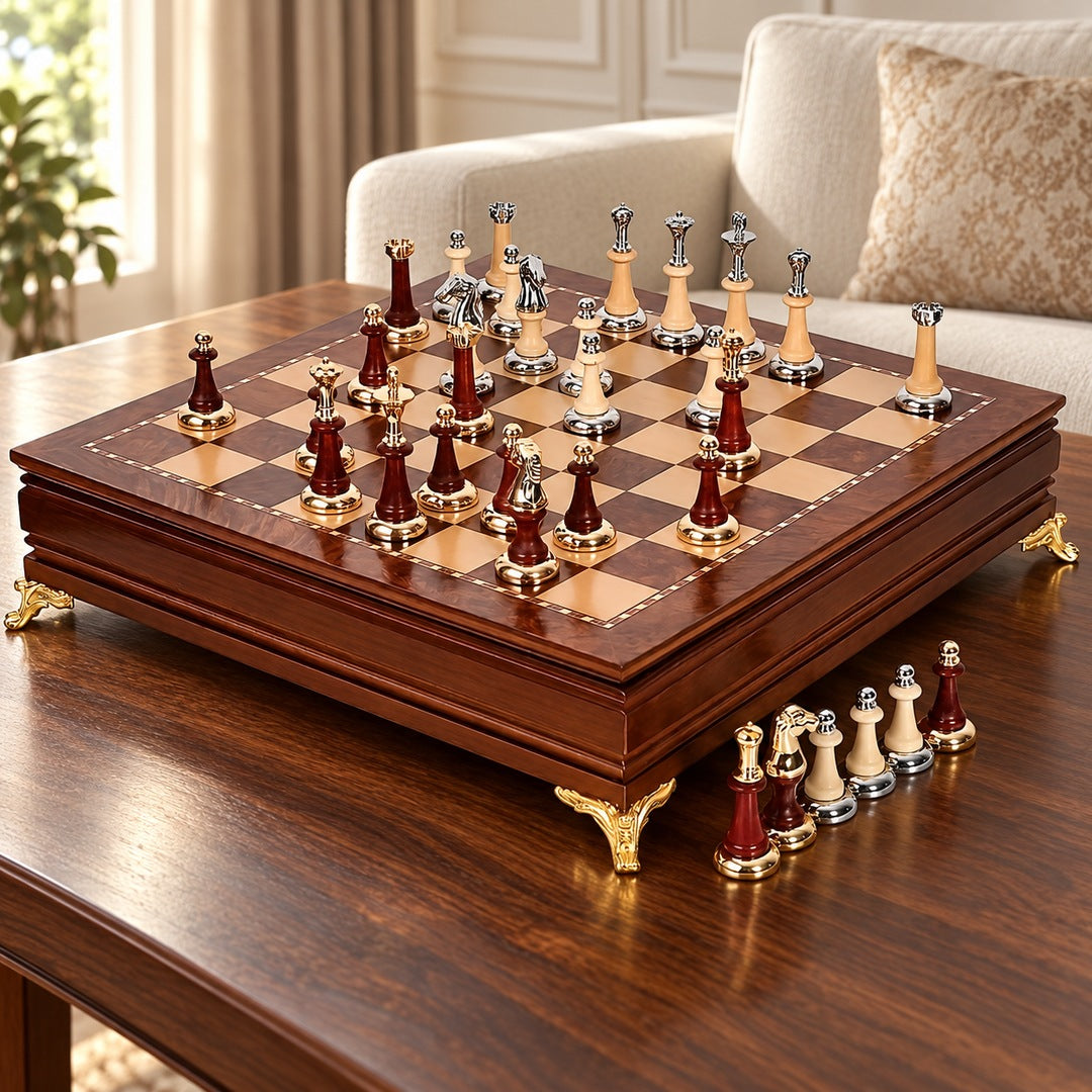 AI interior visualization — MW-1058 chess set with gold-tone feet displayed on an elegant walnut table in a living room