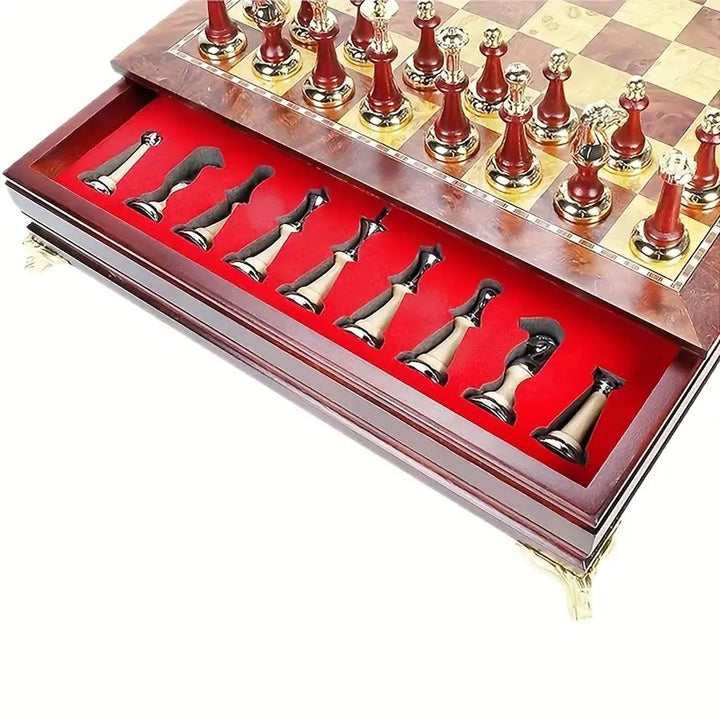 Open storage drawer and fitted piece compartments in the brown chessboard with gold-tone feet