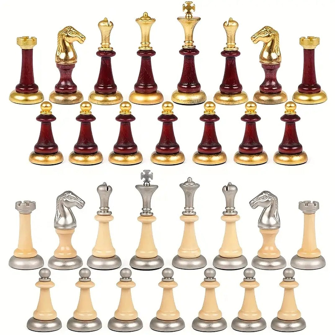 Supplier detail image of burgundy and gold-tone and ivory and silver-tone chess pieces