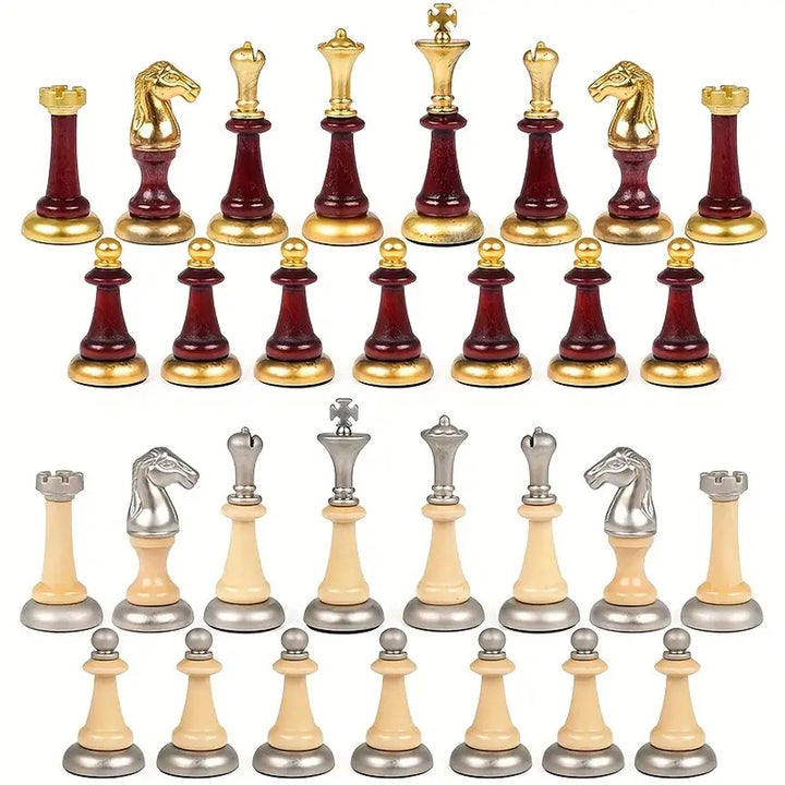 Supplier detail image of burgundy and gold-tone and ivory and silver-tone chess pieces