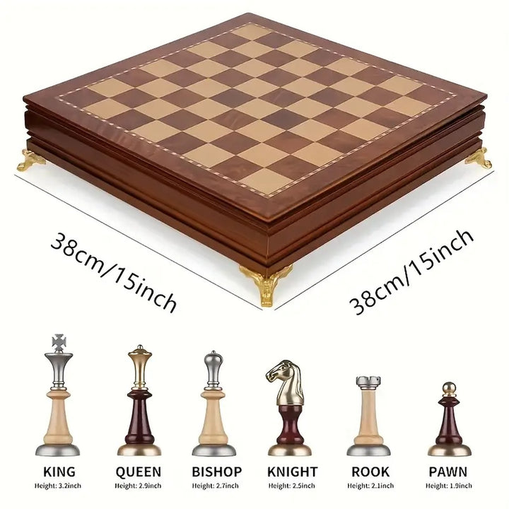 Supplier size guide showing the 38 by 38 cm chessboard with gold-tone feet and chess piece heights