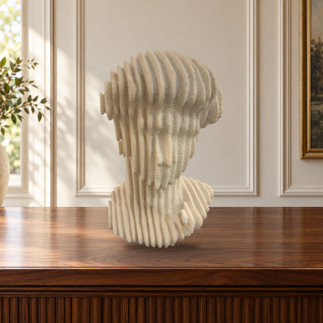 AI interior visualization of cream contour bust sculpture in a home setting
