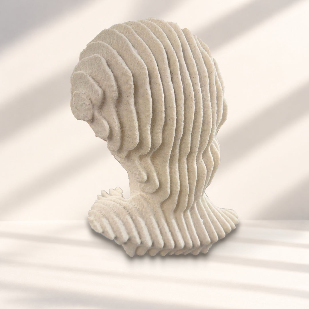 Complementary rear angle of the cream bust against a styled studio background