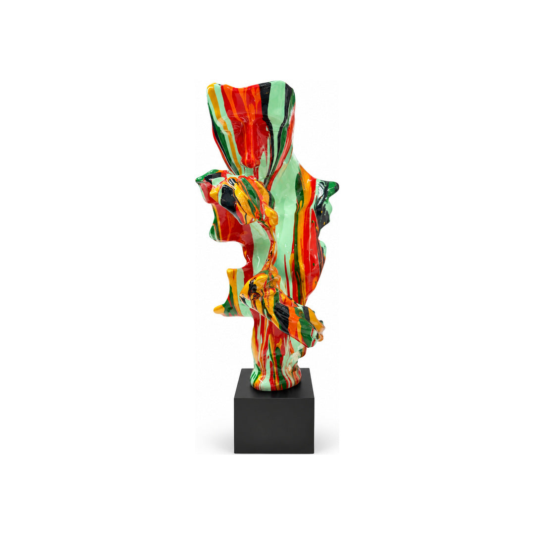 Multicolour abstract faces sculpture with glossy flowing colour and black block base on a white background
