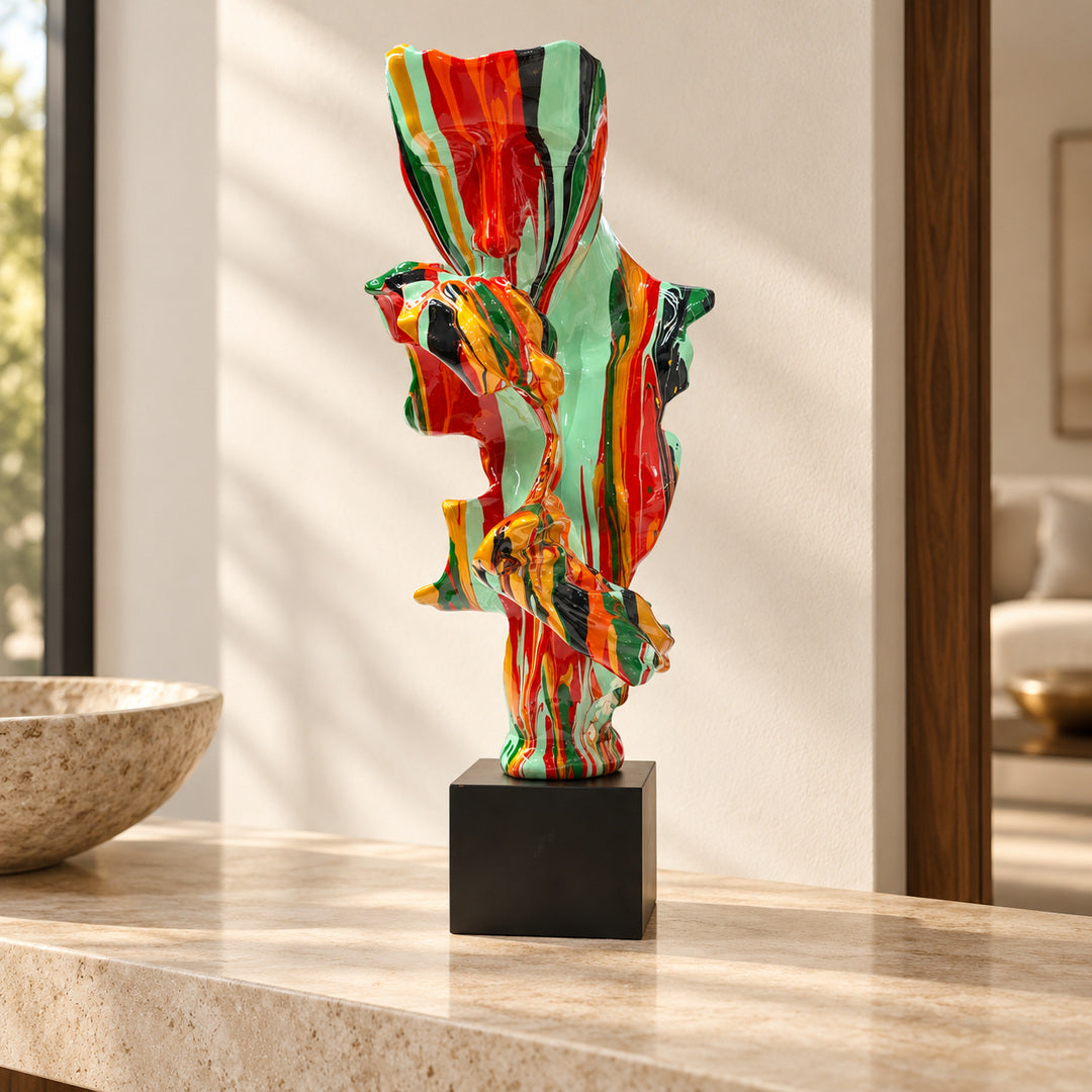AI interior visualization of the multicolour faces sculpture on a console