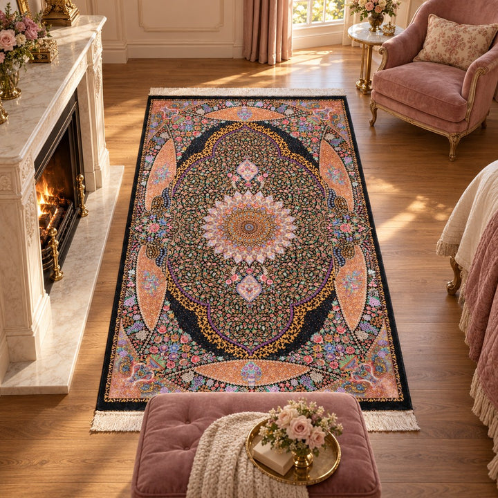 AI-generated interior visualization — MW-HM-0431, 156 × 99 cm rectangular rug. Styling illustration; original product photo shows exact details.