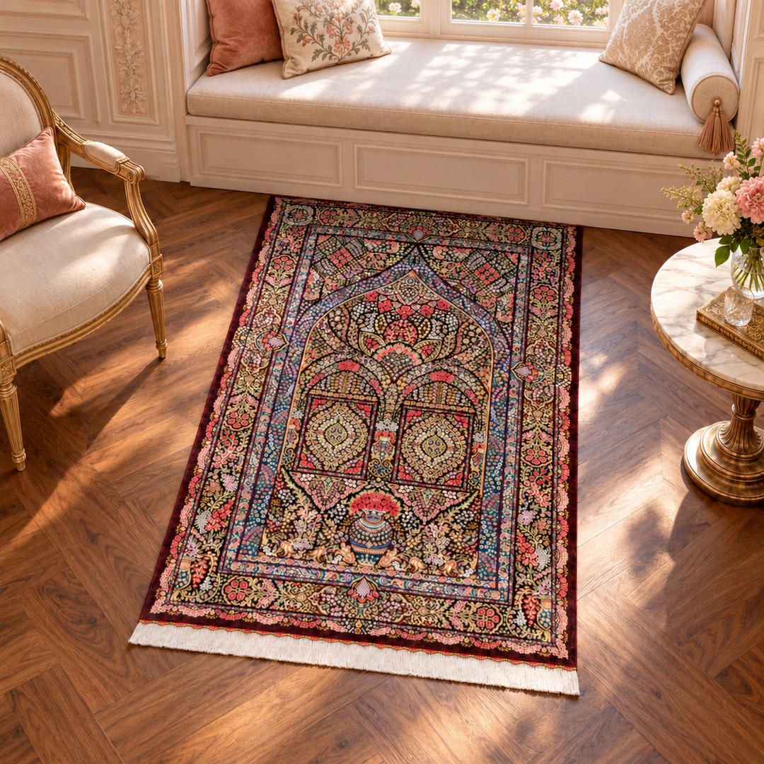 AI-generated interior visualization — MW-HM-0432, 153 × 96 cm rectangular rug. Styling illustration; original product photo shows exact details.