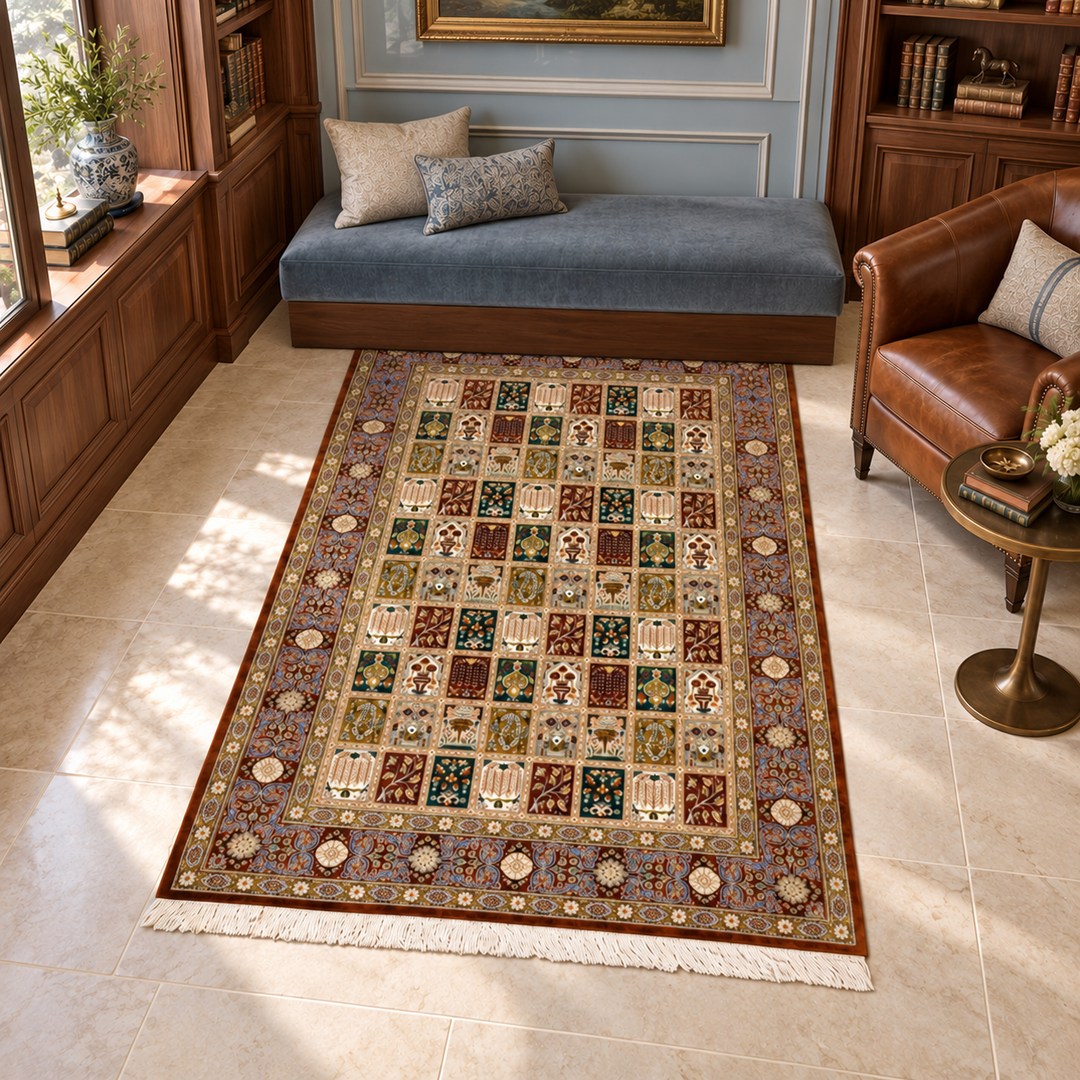 AI-generated interior visualization — MW-HM-0433, 200 × 132 cm rectangular rug. Styling illustration; original product photo shows exact details.