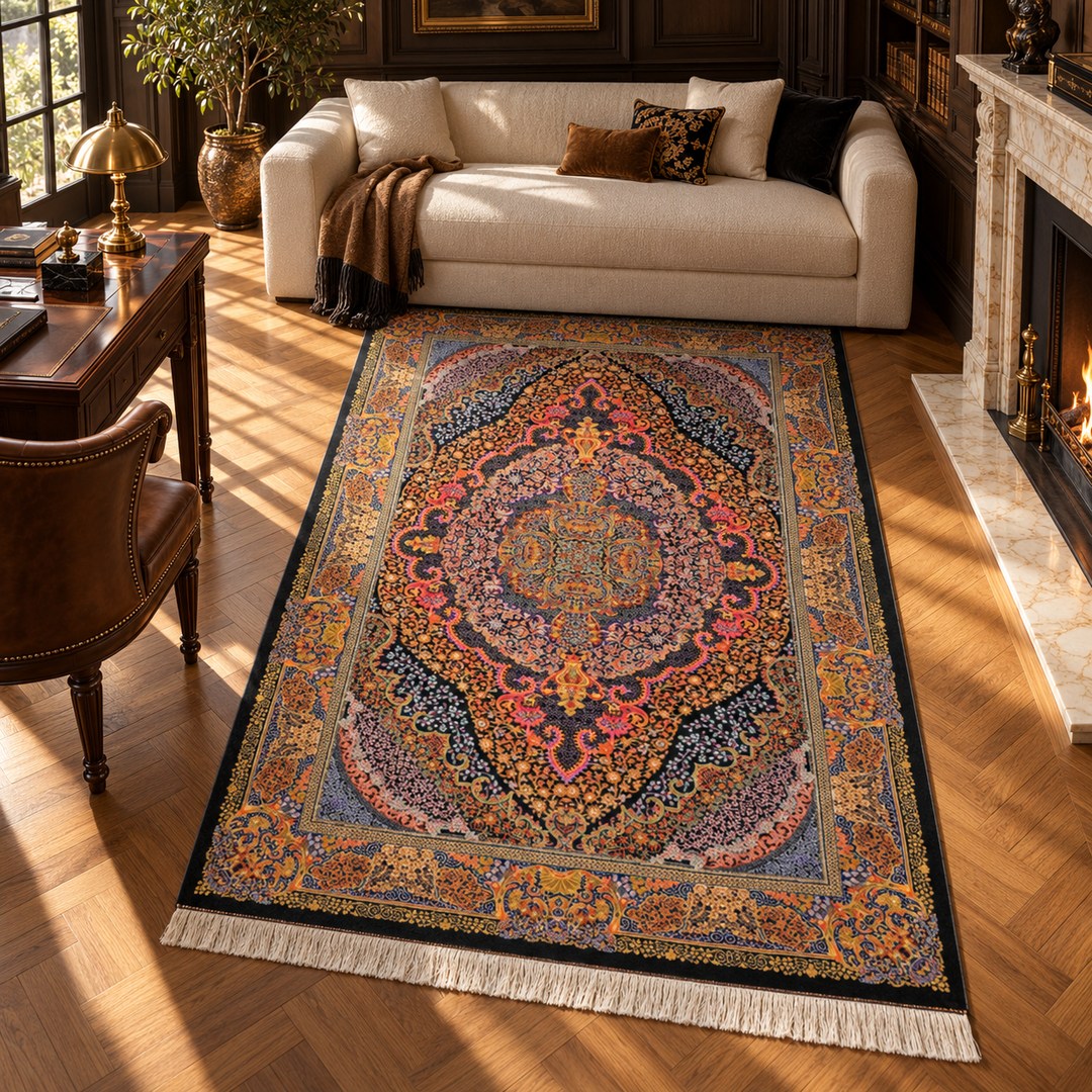 AI-generated interior visualization — MW-HM-0434, 194 × 135 cm rectangular rug. Styling illustration; original product photo shows exact details.
