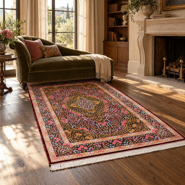 AI-generated interior visualization of MW-HM-0435, rectangular rug 211 × 132 cm. Styling illustration; see the original product photograph for exact details.