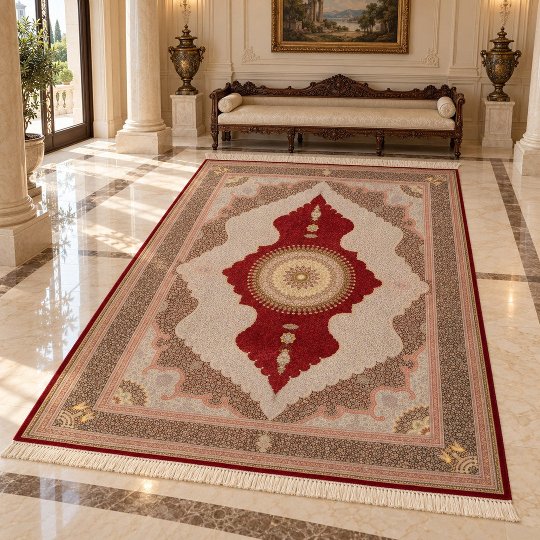 AI-generated interior visualization of MW-HM-0436, rectangular rug 395 x 295 cm. Styling illustration; see the original product photograph for exact details.