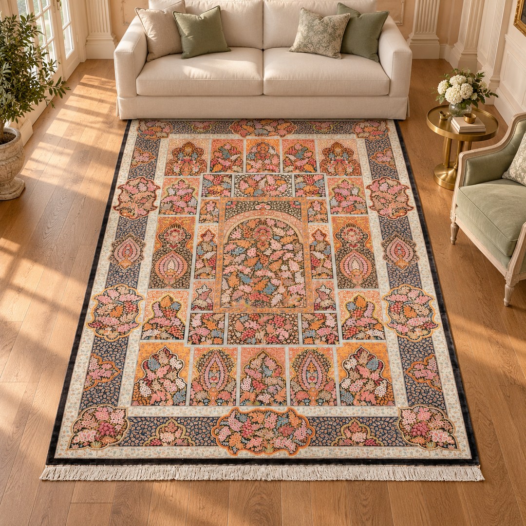 AI-generated interior visualization — MW-HM-0439, 304 × 202 cm rectangular rug. Styling illustration; original product photo shows exact details.