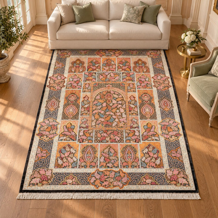 AI-generated interior visualization — MW-HM-0439, 304 × 202 cm rectangular rug. Styling illustration; original product photo shows exact details.