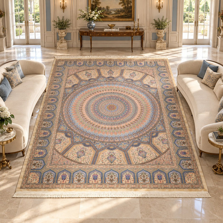 AI-generated interior visualization — MW-HM-0440, 395 × 295 cm rectangular rug. Styling illustration; original product photo shows exact details.