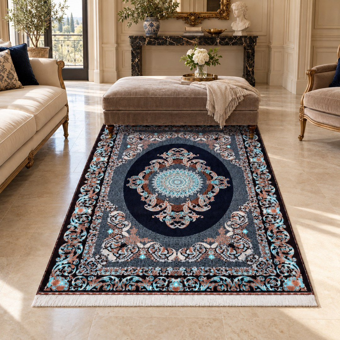 AI-generated interior visualization of MW-HM-0441, rectangular rug 195 × 135 cm. Styling illustration; see the original product photograph for exact details.