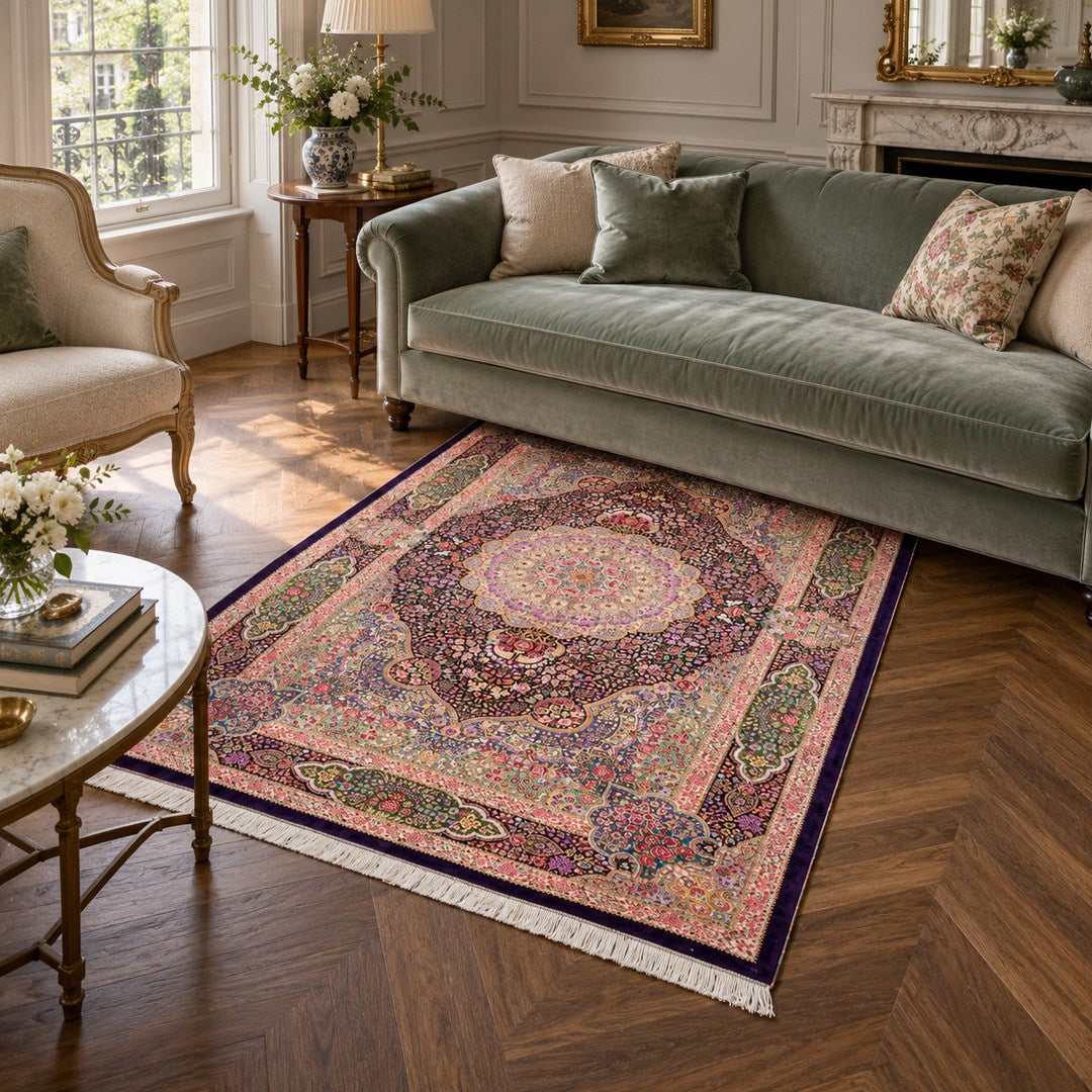 AI-generated interior visualization of MW-HM-0443, rectangular rug 197 × 136 cm. Styling illustration; see the original product photograph for exact details.