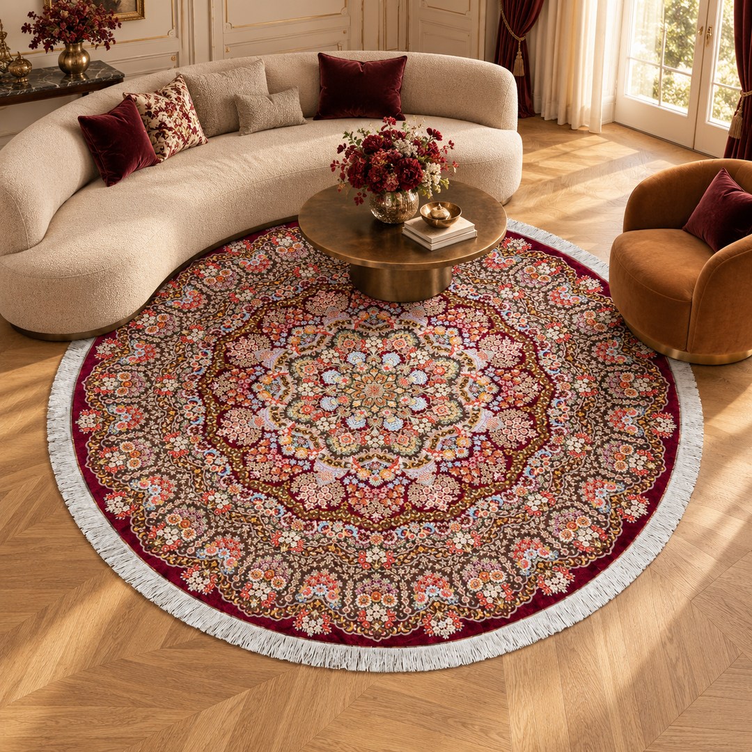 AI-generated interior visualization — MW-HM-0444, 240 × 240 cm round rug. Styling illustration; original product photo shows exact details.