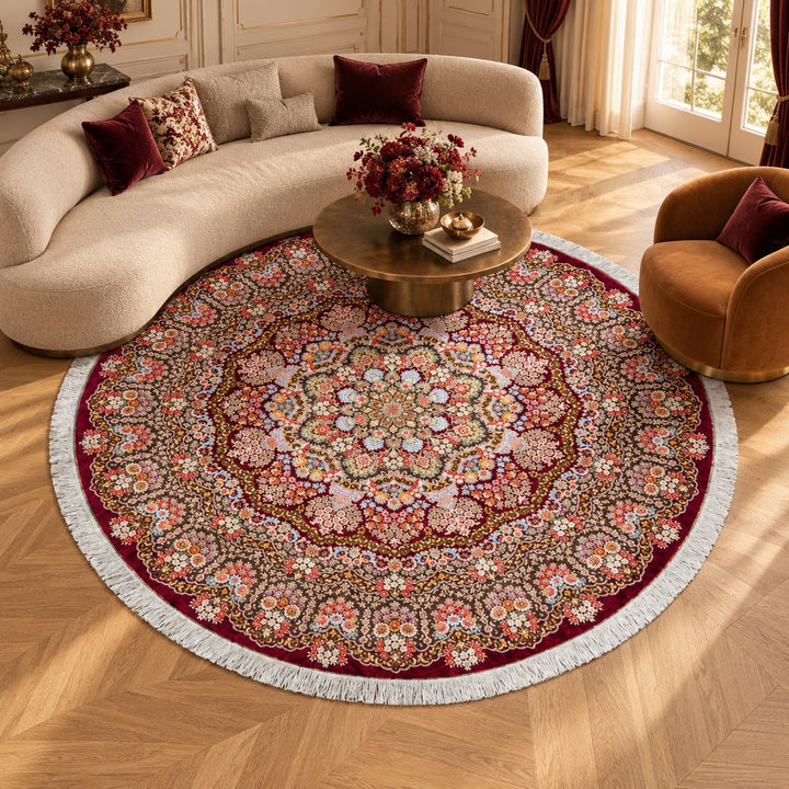 AI-generated interior visualization — MW-HM-0444, 240 × 240 cm round rug. Styling illustration; original product photo shows exact details.