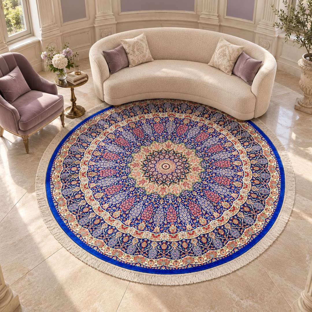 AI-generated interior visualization — MW-HM-0445, 205 × 205 cm round rug. Styling illustration; original product photo shows exact details.