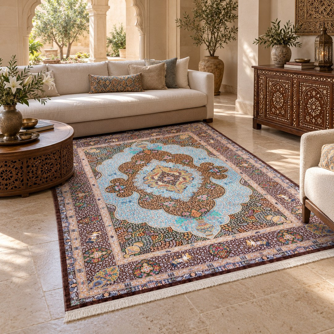 AI-generated interior visualization of MW-HM-0446, rectangular rug 298 × 198 cm. Styling illustration; see the original product photograph for exact details.