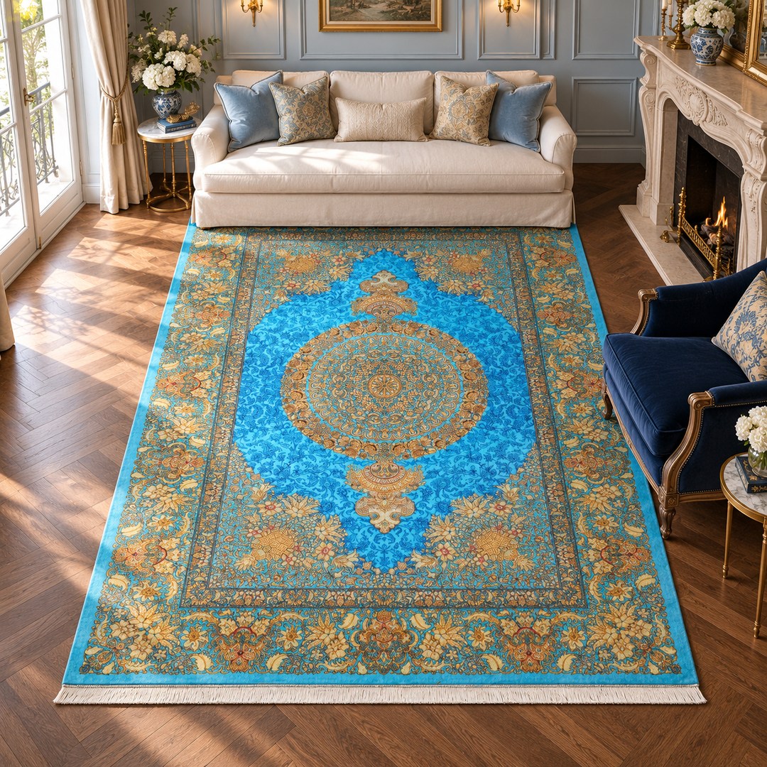 AI-generated interior visualization — MW-HM-0447, 300 × 198 cm rectangular rug. Styling illustration; original product photo shows exact details.