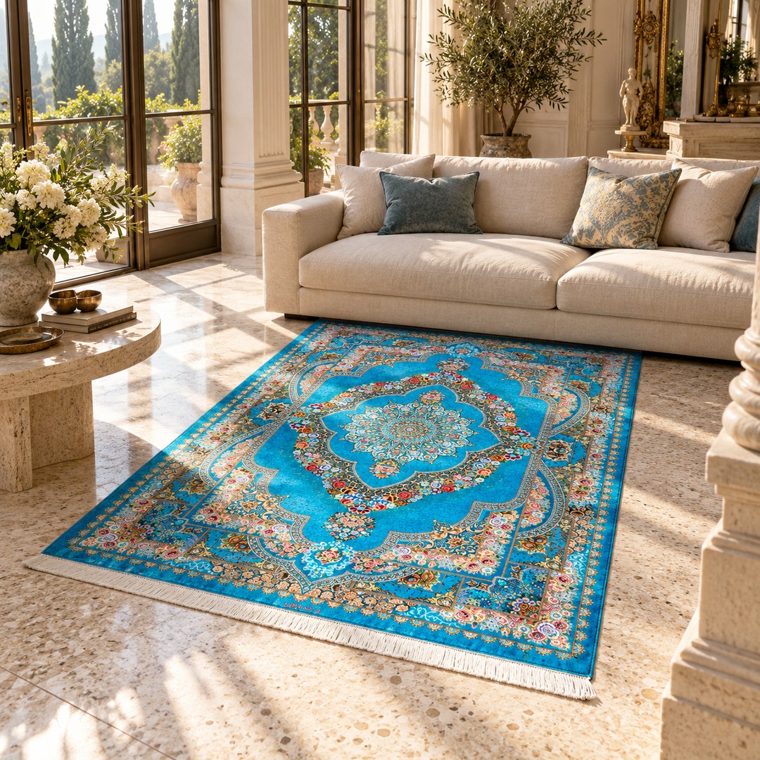 AI-generated interior visualization — MW-HM-0450, rectangular rug 195 x 137 cm. Styling illustration; original product photo shows exact details.