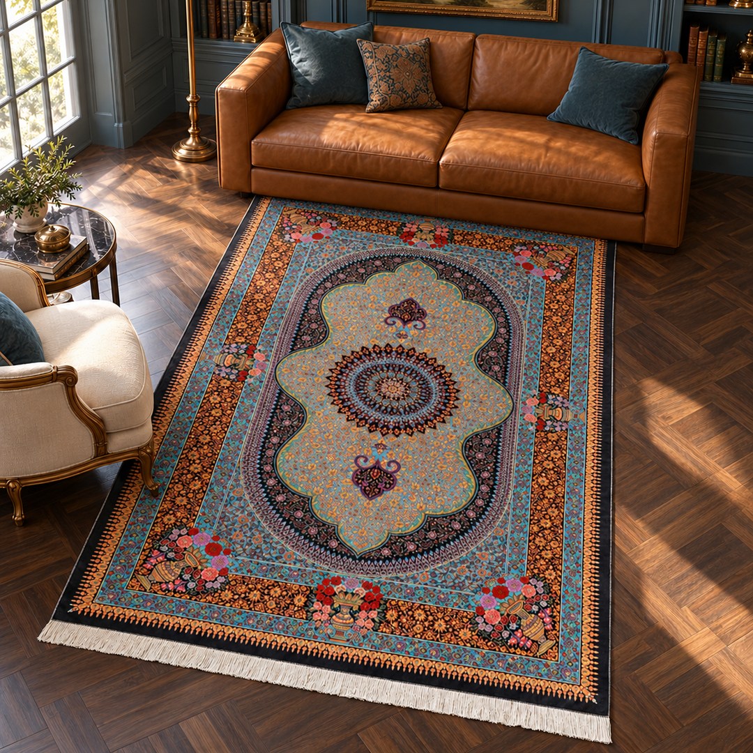 AI-generated interior visualization — MW -HM-0451, 195 × 131 cm rectangular rug. Styling illustration; original product photo shows exact details.