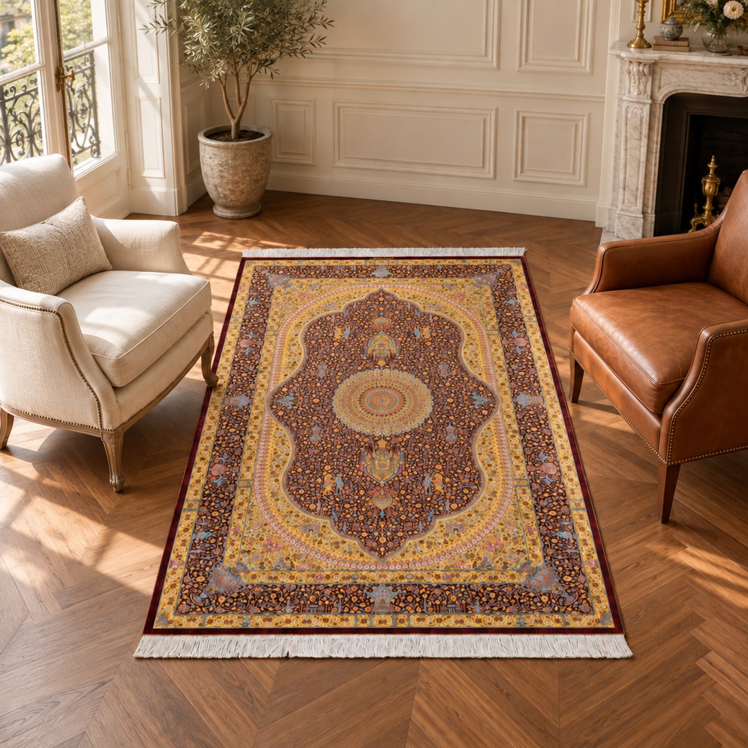 AI-generated interior visualization — MW-HM-0452, 204 × 134 cm. Illustrative scale; not an actual customer installation.